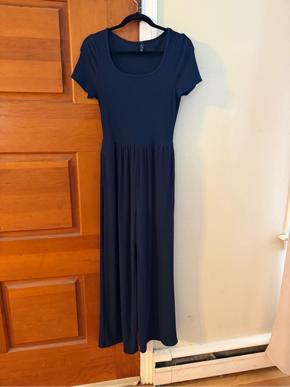 Women's Navy Short-Sleeve Scoop-Neck Jumpsuit